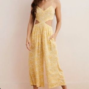 Aerie American Eagle Yellow Floral Print Cutout Wide Leg Crop Jumpsuit Medium M